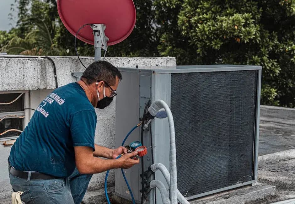 HVAC technician using a manifold gauge to check refrigerant pressure on an air conditioner