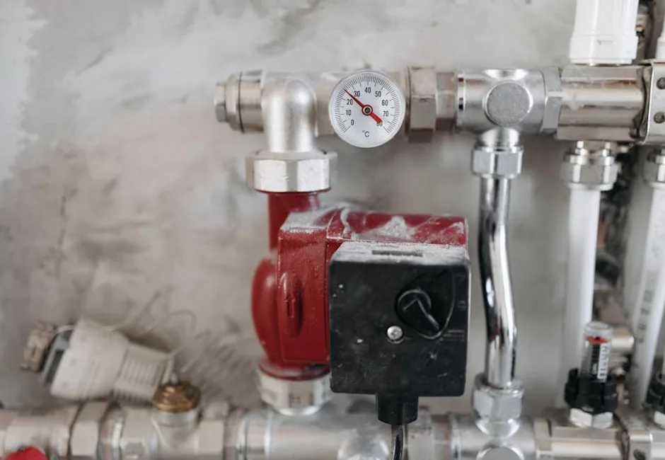 Plumbing manifold with pressure gauge installed alongside a tankless water heater